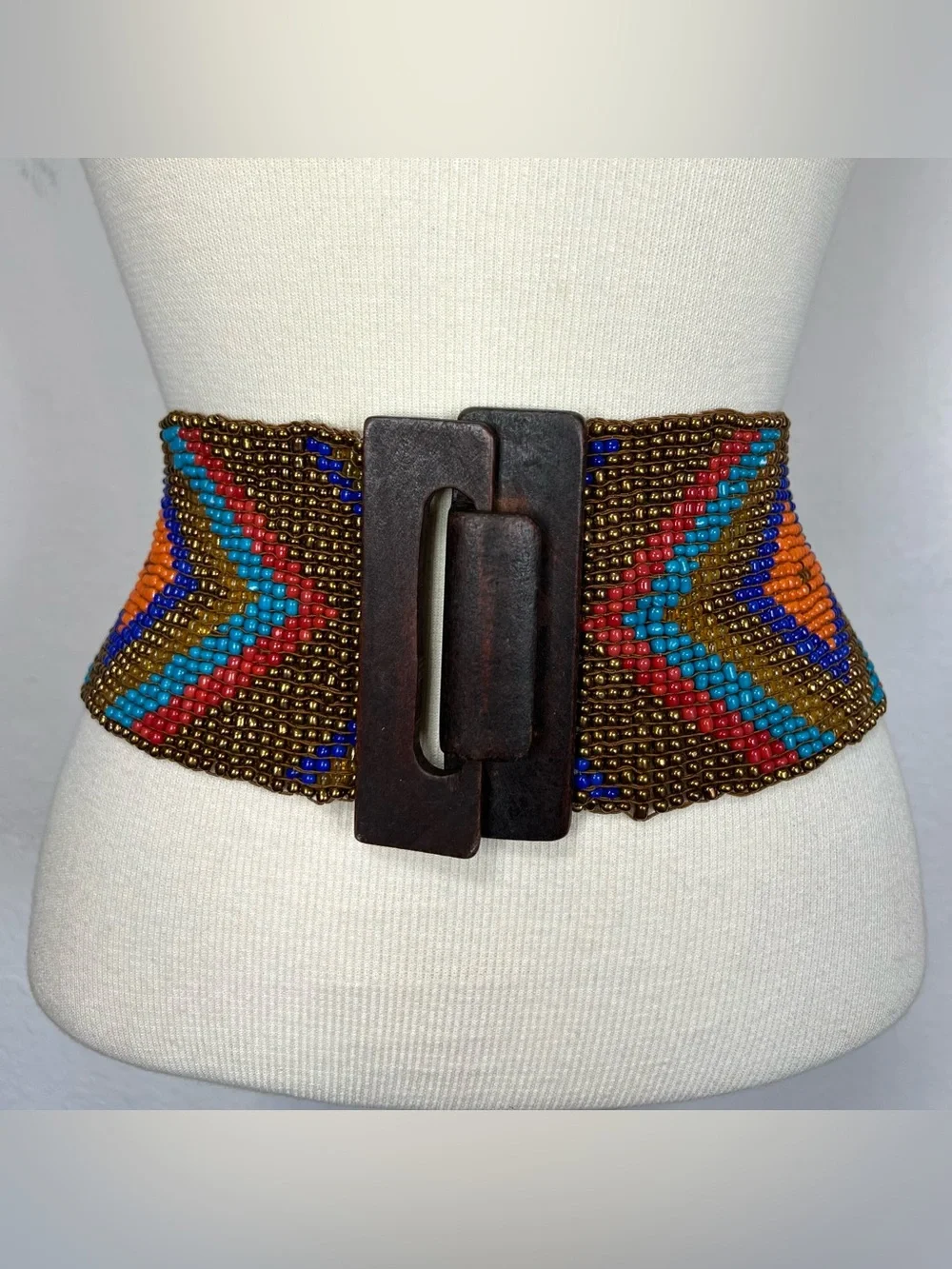 Handmade Beaded Multicolor Wide Waist Belt with Wooden Buckle